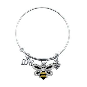 Silver Love Bumble Bee Charm Wire Bangle Bracelet