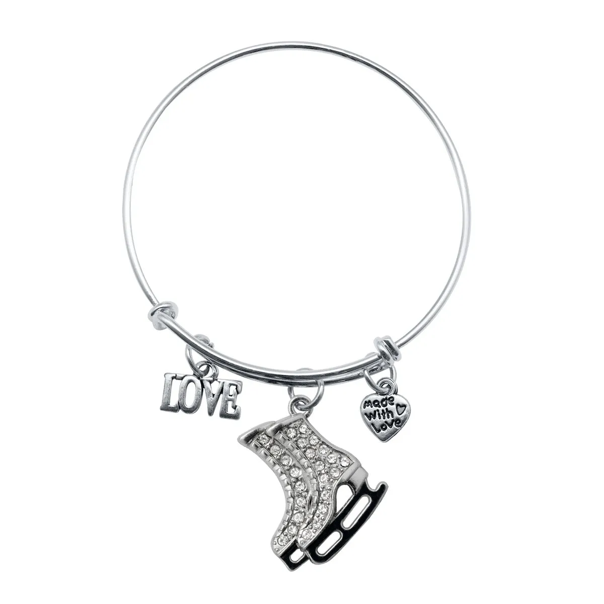 Silver Love Ice Skates Charm Wire Bangle Bracelet