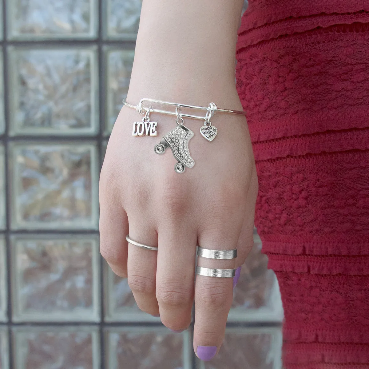 Silver Love Roller Skate Charm Wire Bangle Bracelet