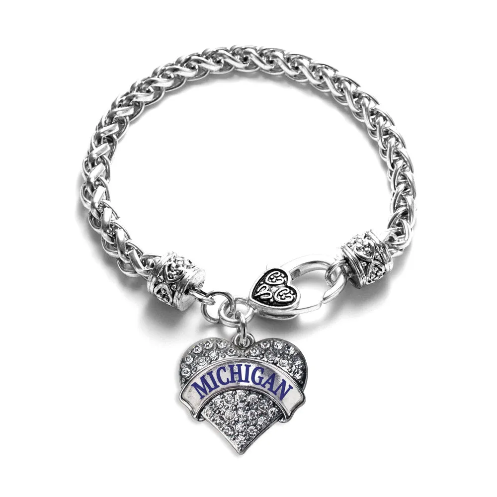 Silver Michigan Pave Heart Charm Braided Bracelet