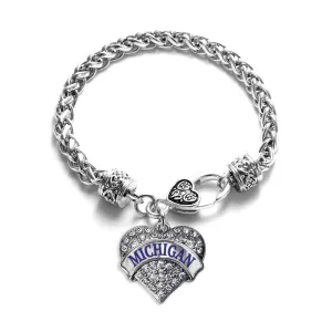 Silver Michigan Pave Heart Charm Braided Bracelet