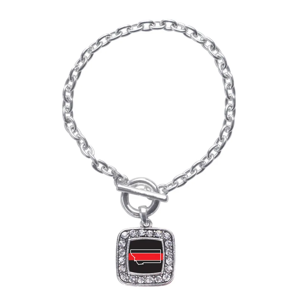 Silver Montana Thin Red Line Square Charm Toggle Bracelet