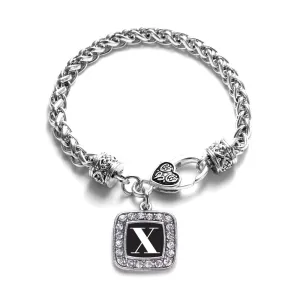 Silver My Vintage Initials - Letter X Square Charm Braided Bracelet