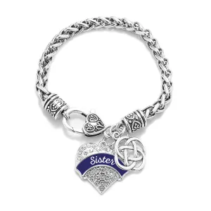 Silver Navy Blue Sister Celtic Knot Pave Heart Charm Braided Bracelet