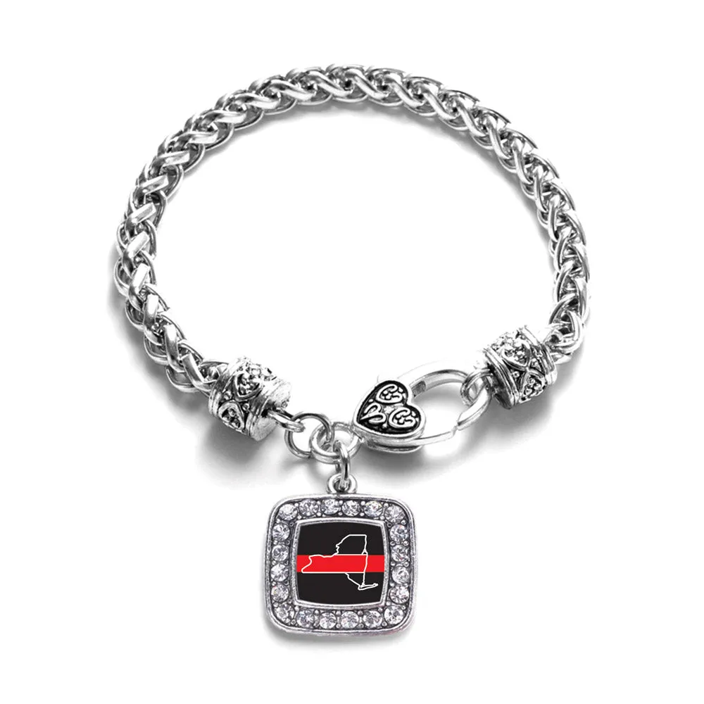 Silver New York Thin Red Line Square Charm Braided Bracelet