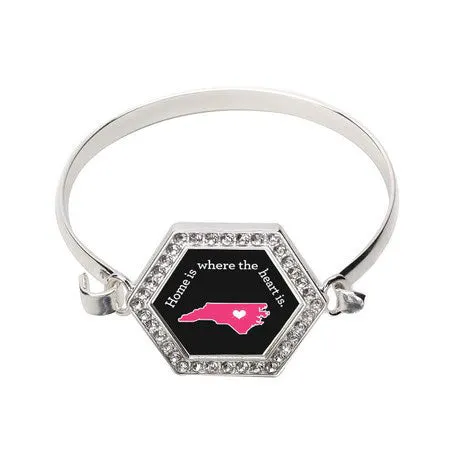 Silver North Carolina State Heart Hexagon Charm Bangle Bracelet