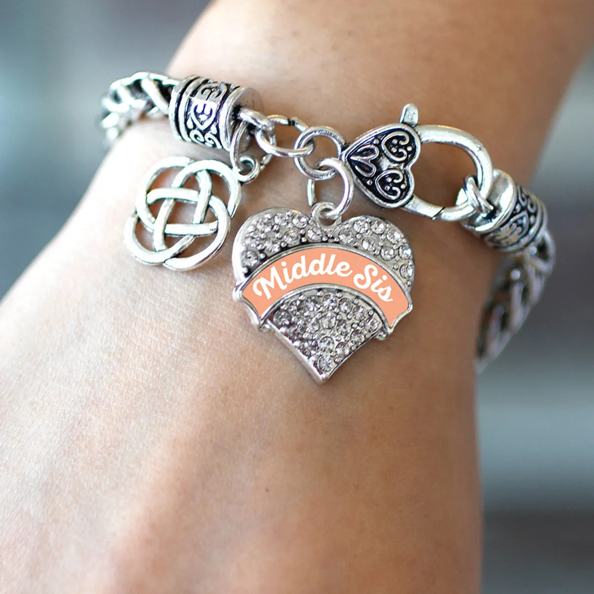 Silver Peach Middle Sis Celtic Knot Pave Heart Charm Braided Bracelet