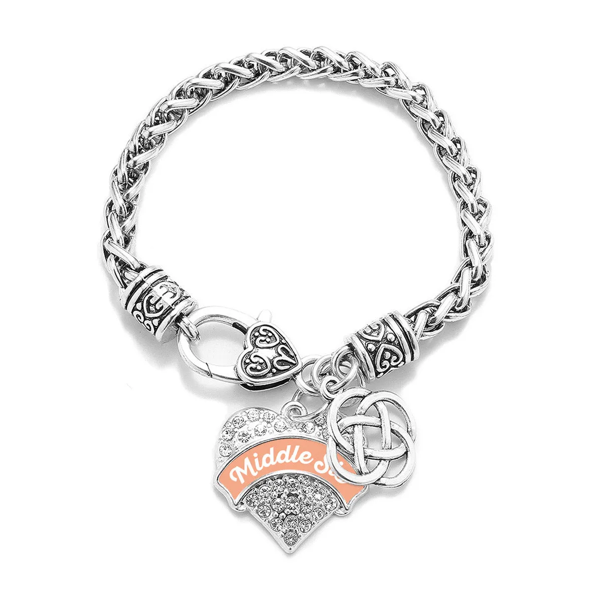 Silver Peach Middle Sis Celtic Knot Pave Heart Charm Braided Bracelet