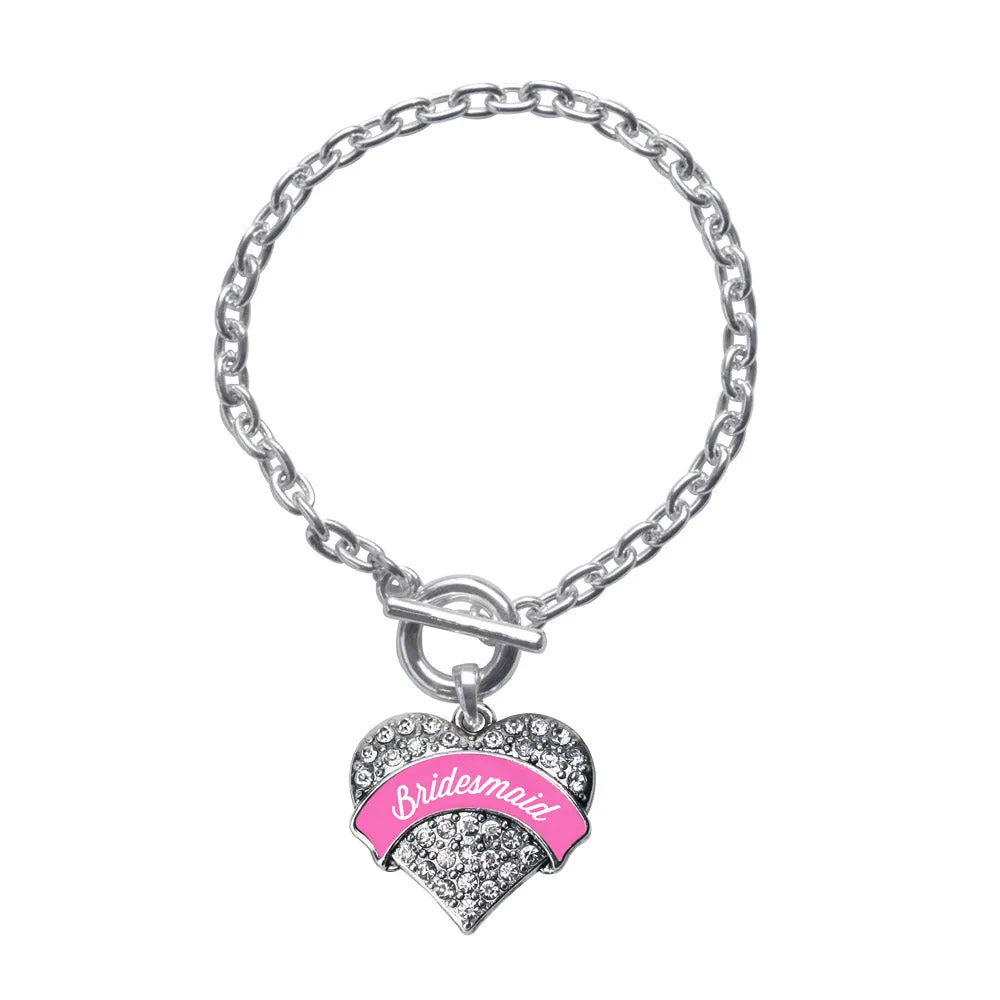 Silver Pink Bridesmaid Pave Heart Charm Toggle Bracelet