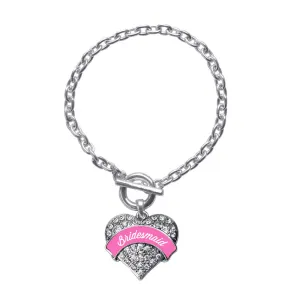 Silver Pink Bridesmaid Pave Heart Charm Toggle Bracelet