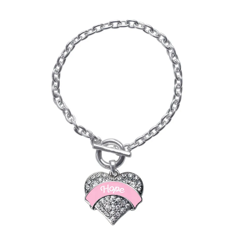 Silver Pink Script Hope Breast Cancer Support Pave Heart Charm Toggle Bracelet