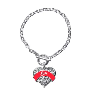 Silver Red Hope Pave Heart Charm Toggle Bracelet