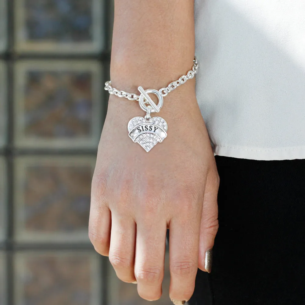 Silver Sissy Pave Heart Charm Toggle Bracelet