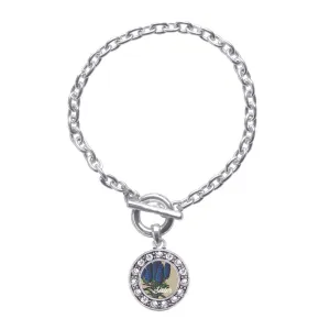 Silver Sister Delphinium Flower Circle Charm Toggle Bracelet