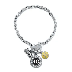 Silver Softball - Sports Number 48 Circle Charm Toggle Bracelet