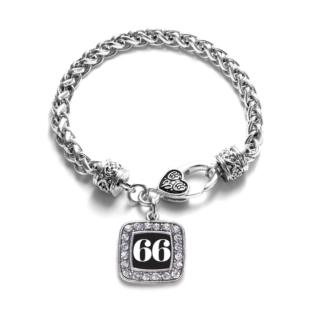 Silver Sport Number 66 Square Charm Braided Bracelet