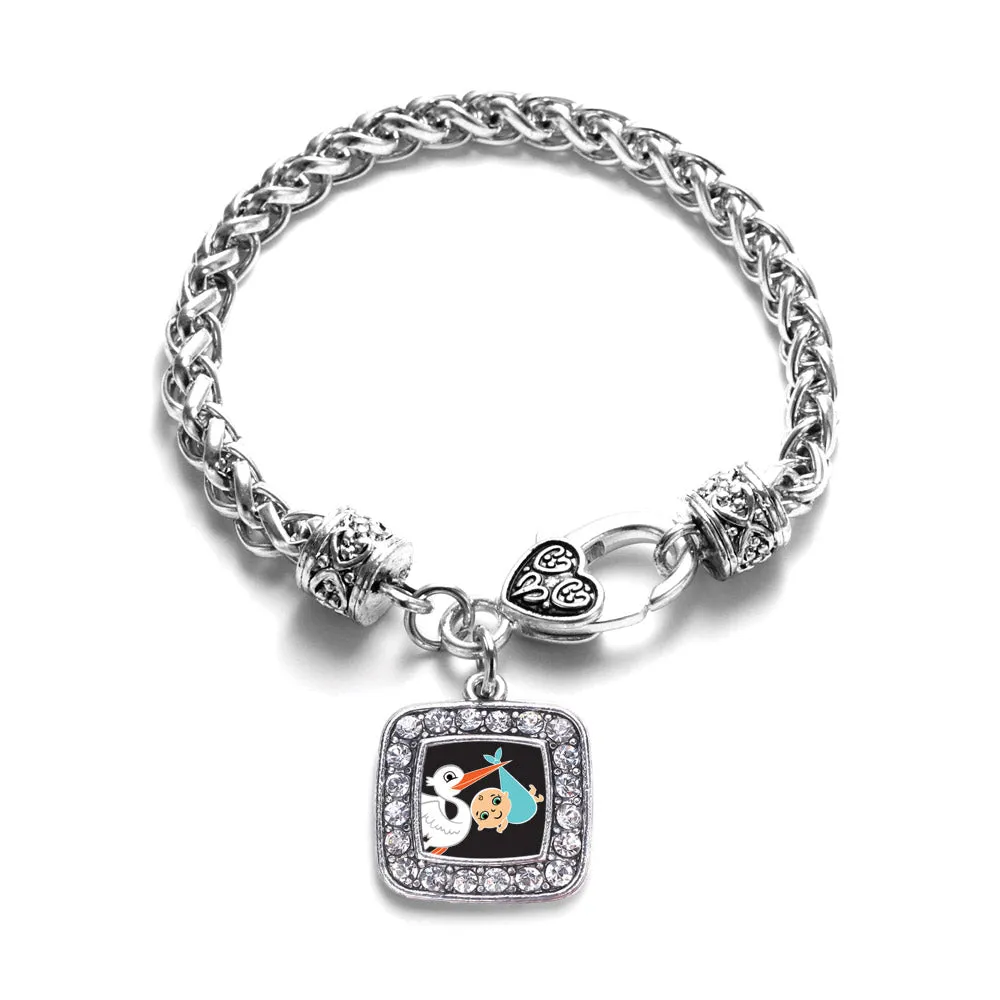 Silver Stork Brings A Boy Square Charm Braided Bracelet