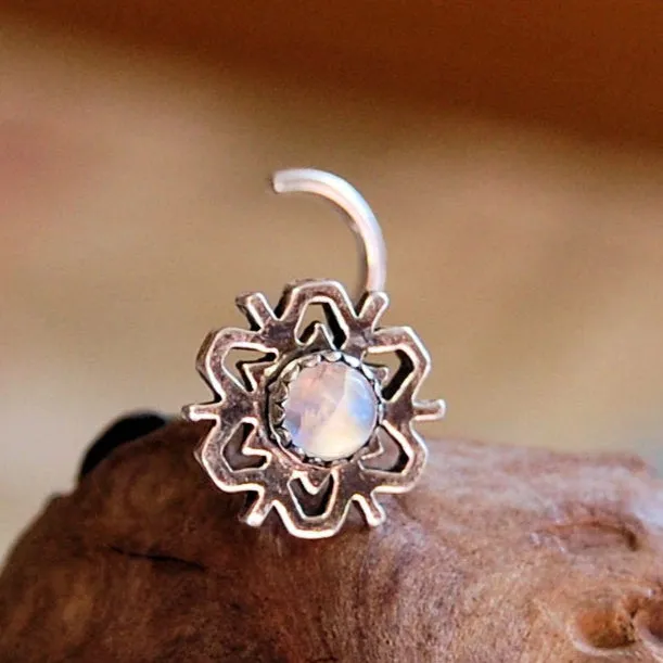 Snowflake Nose Stud with Rainbow Moonstone in Sterling Silver