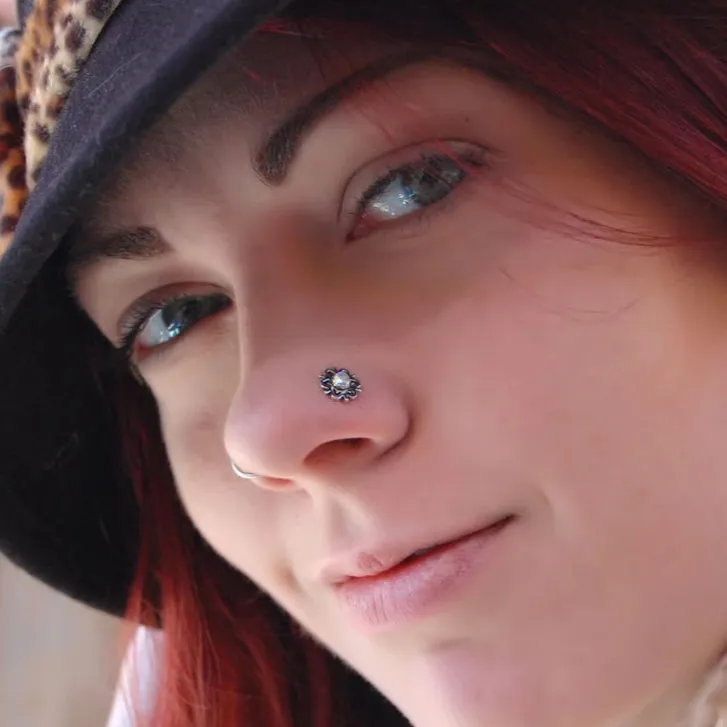 Snowflake Nose Stud with Rainbow Moonstone in Sterling Silver