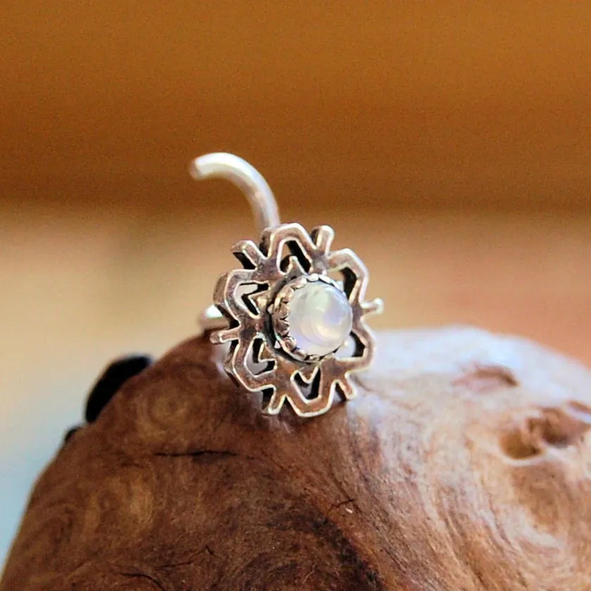 Snowflake Nose Stud with Rainbow Moonstone in Sterling Silver