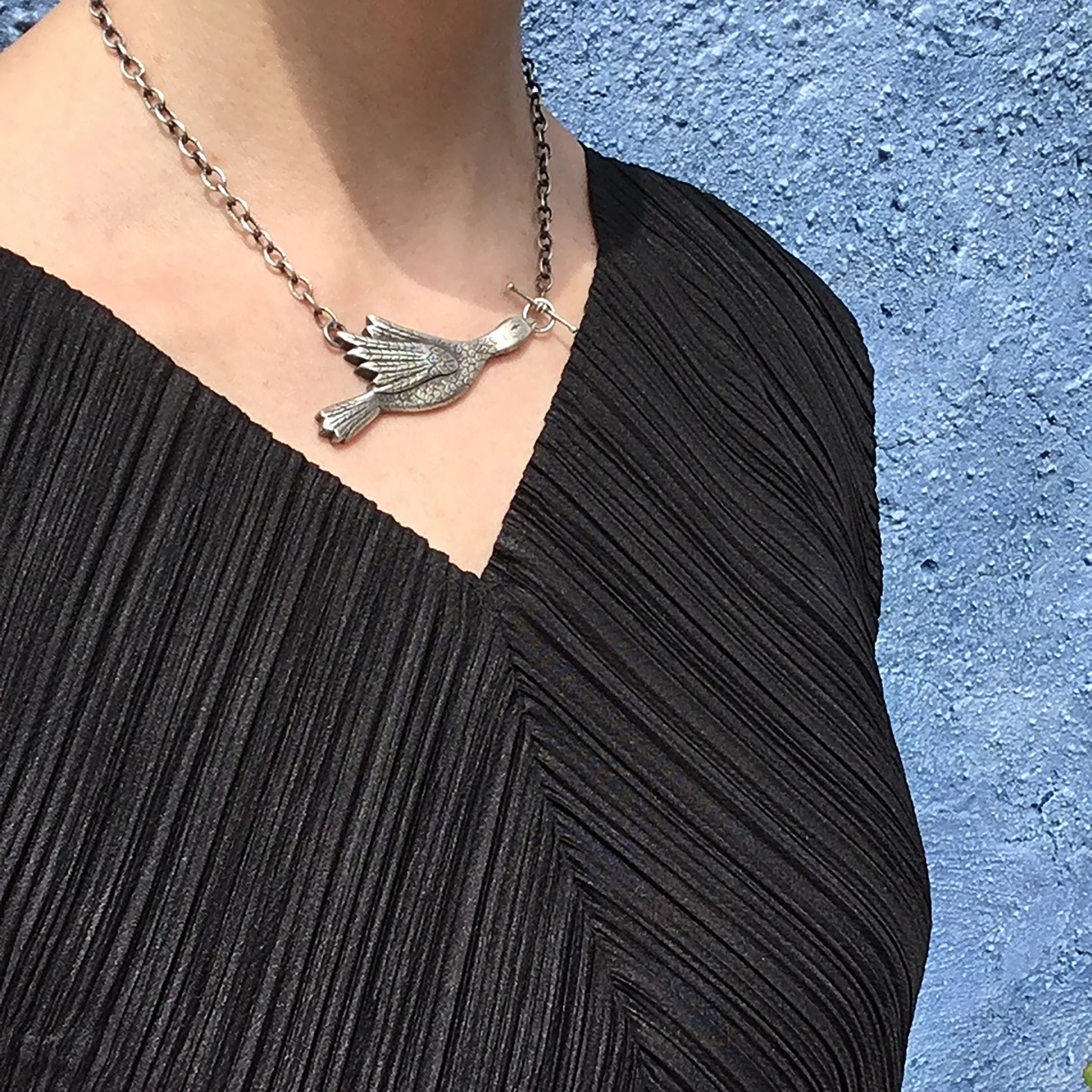 Sterling Silver Hand Carved Goose Necklace Featuring Hand Fabricated Toggle and Textured Cable Chain -- Custom Bridal Statement Necklace