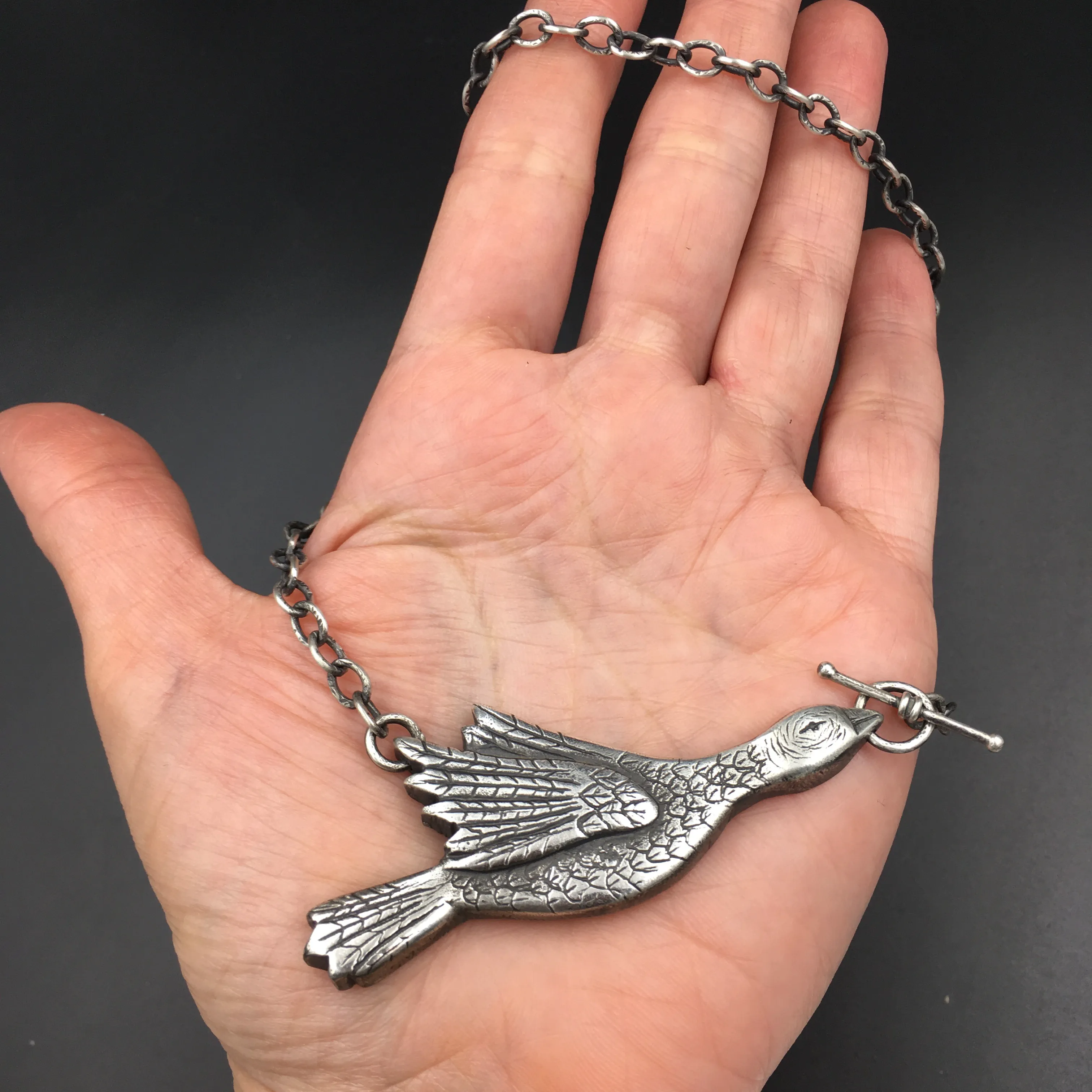 Sterling Silver Hand Carved Goose Necklace Featuring Hand Fabricated Toggle and Textured Cable Chain -- Custom Bridal Statement Necklace