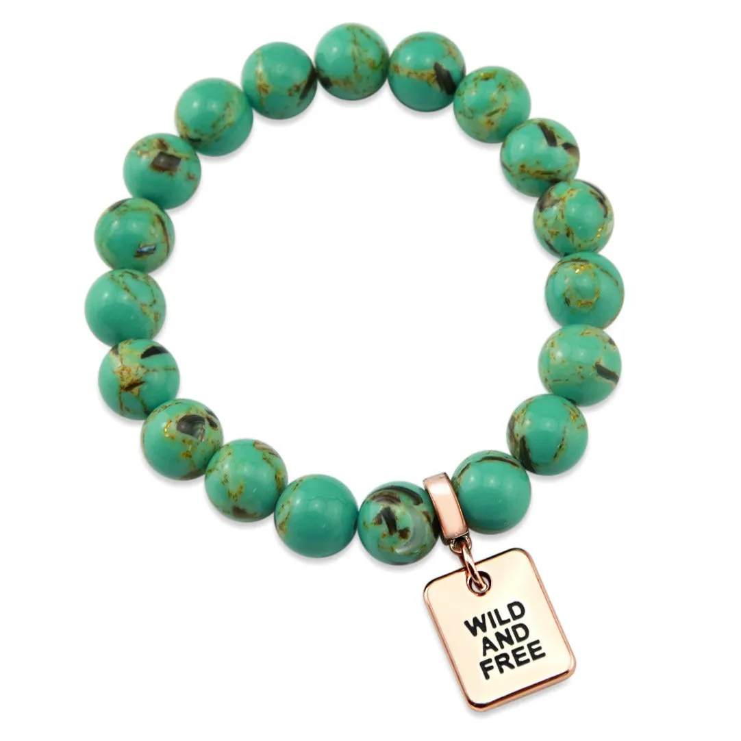 TEAL COLLECTION - Light Teal Synthesis 10mm Bead Bracelet  - Rose Gold Word Charms