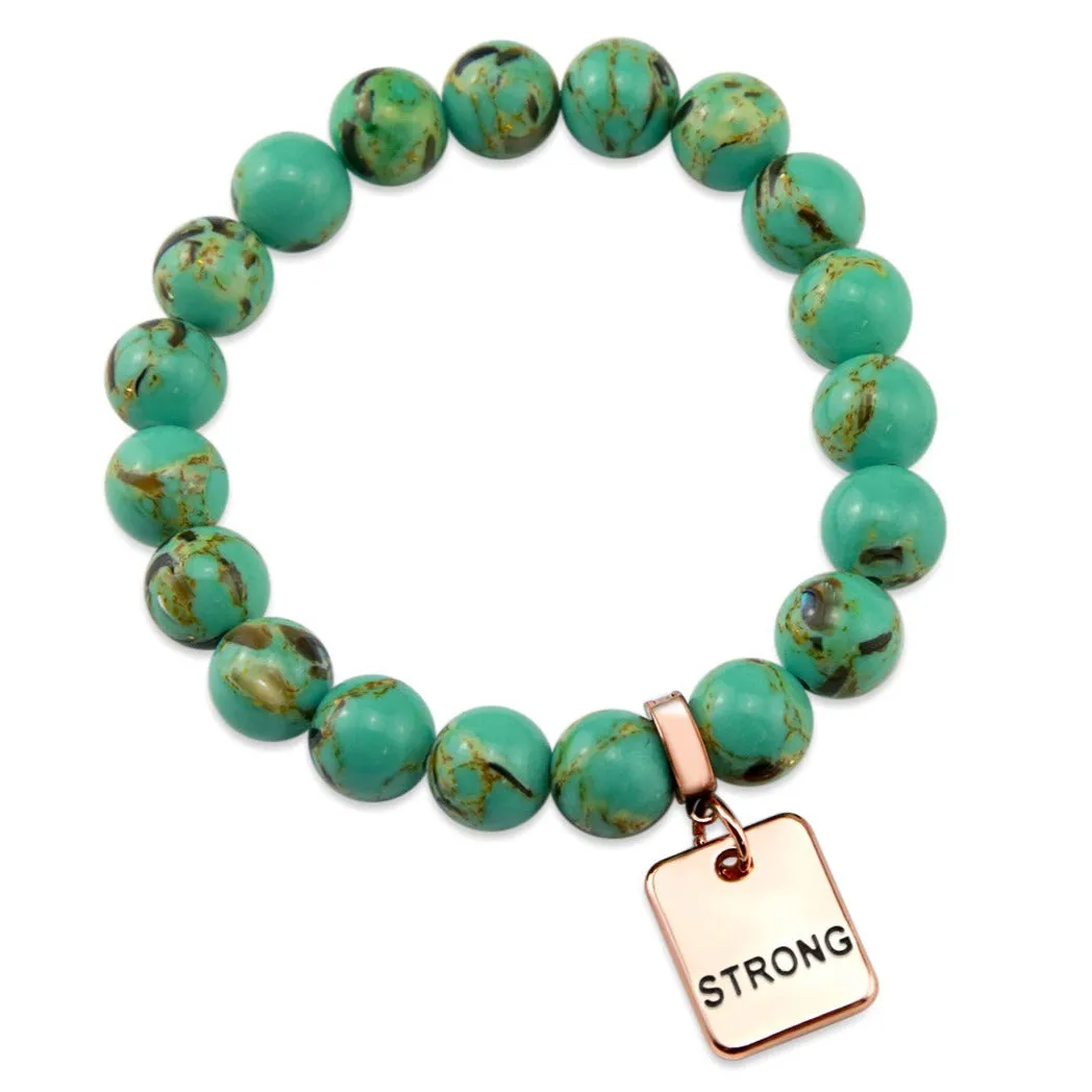 TEAL COLLECTION - Light Teal Synthesis 10mm Bead Bracelet  - Rose Gold Word Charms