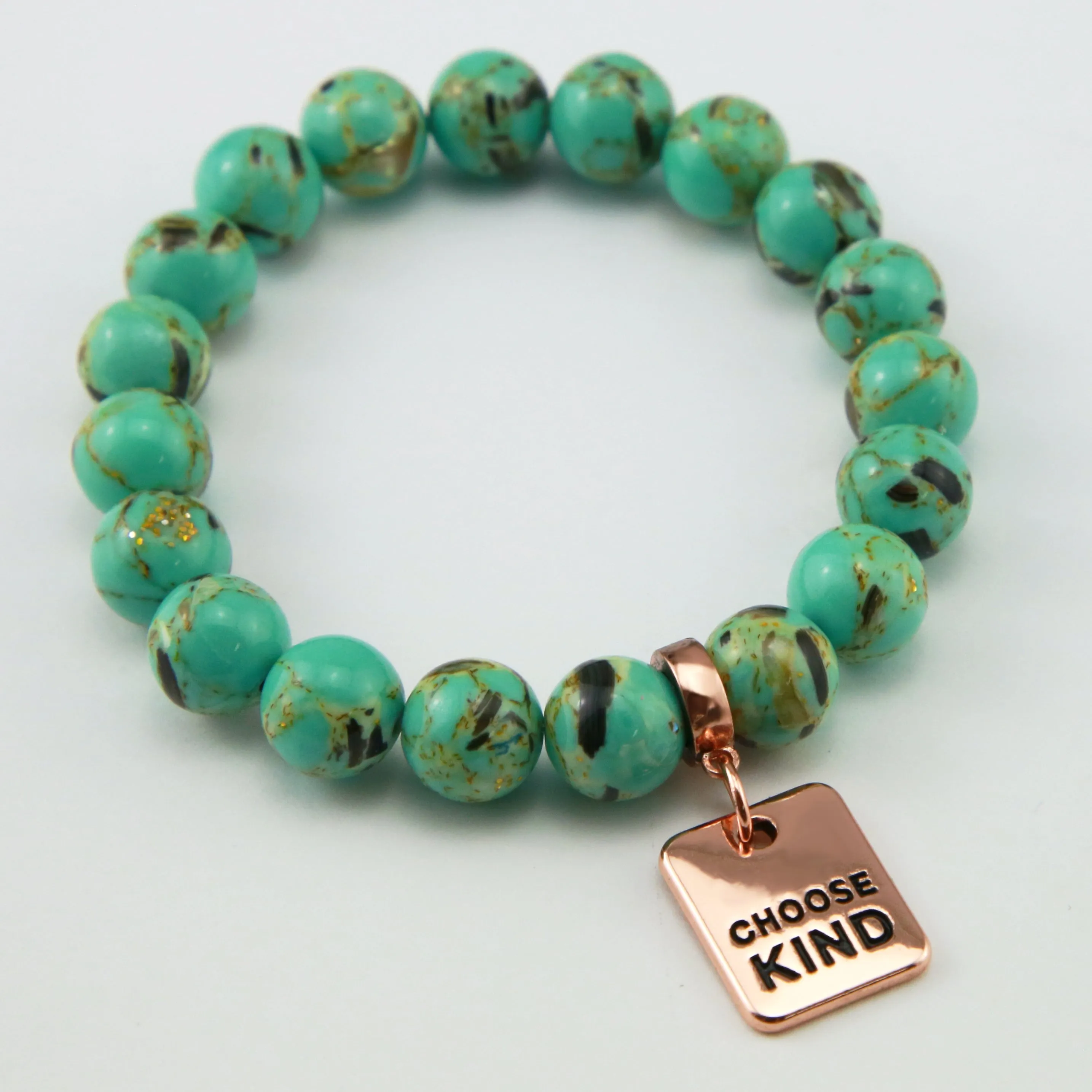 TEAL COLLECTION - Light Teal Synthesis 10mm Bead Bracelet  - Rose Gold Word Charms