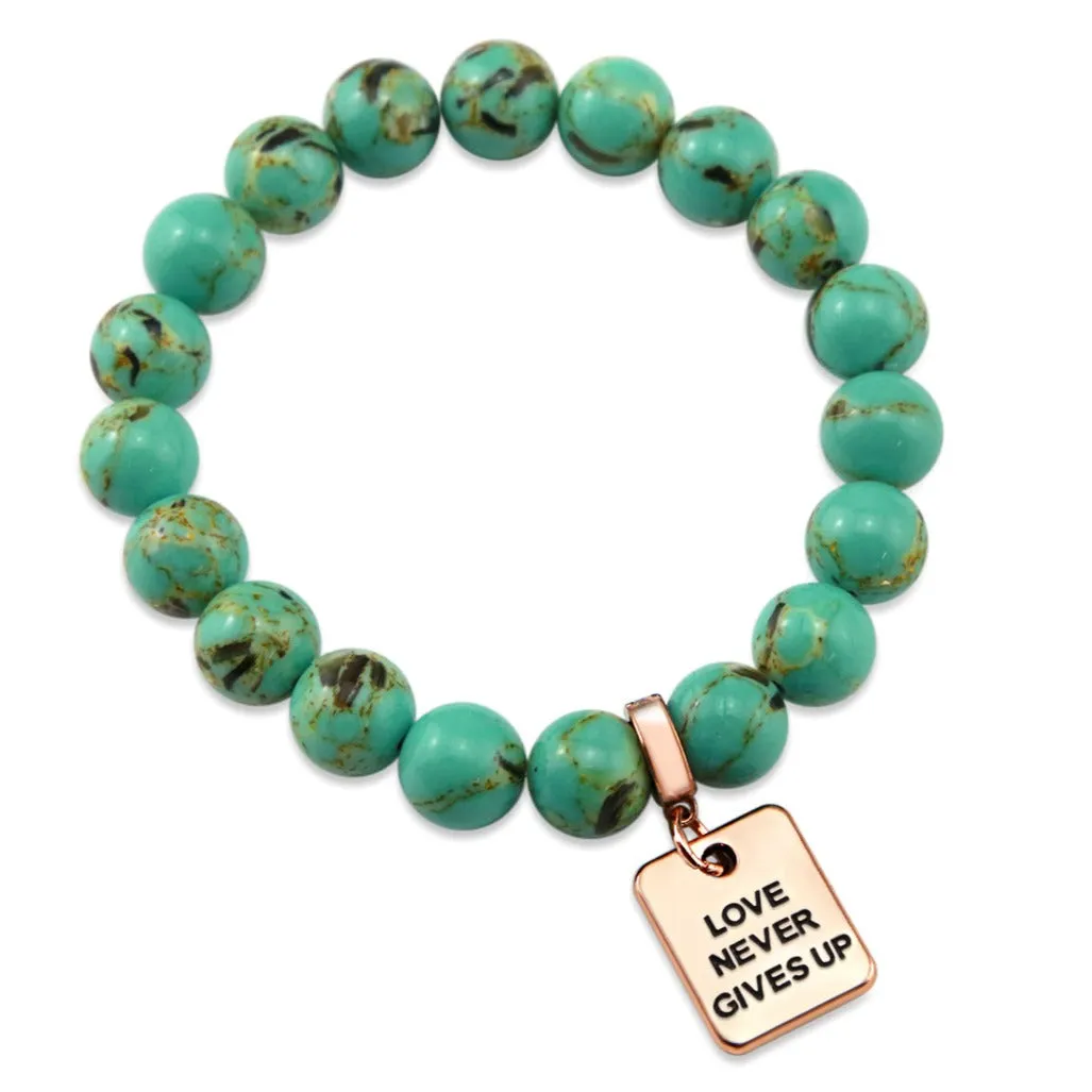 TEAL COLLECTION - Light Teal Synthesis 10mm Bead Bracelet  - Rose Gold Word Charms