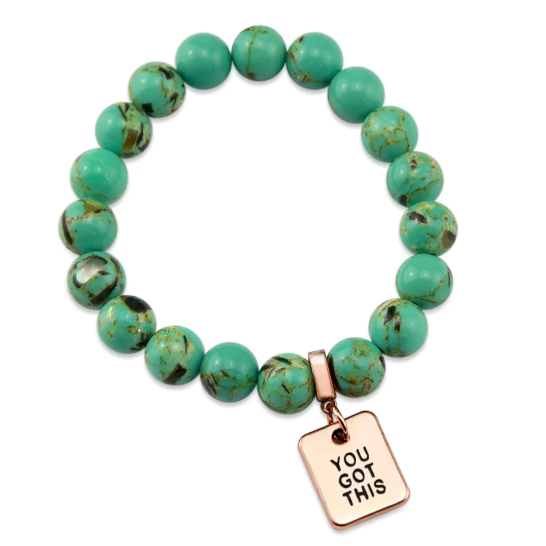 TEAL COLLECTION - Light Teal Synthesis 10mm Bead Bracelet  - Rose Gold Word Charms