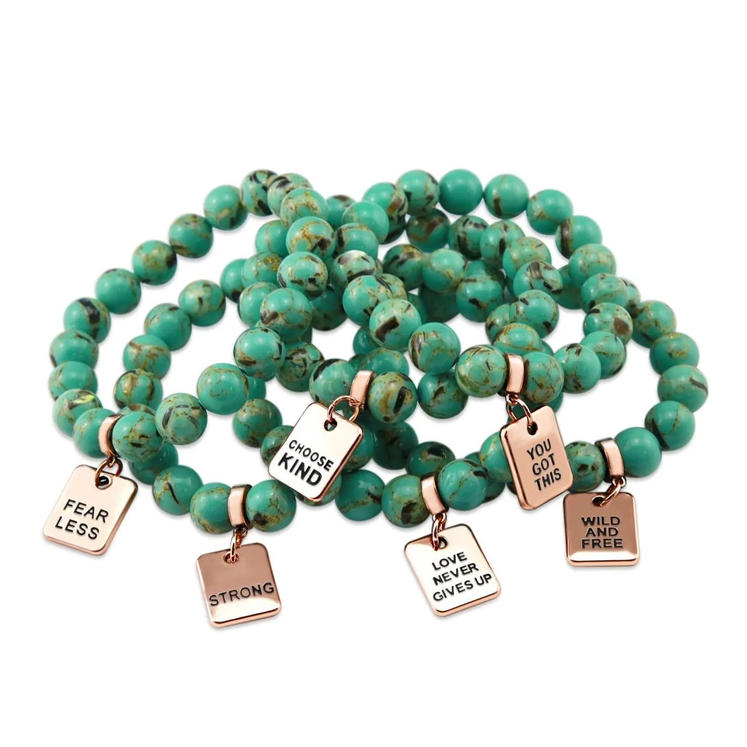 TEAL COLLECTION - Light Teal Synthesis 10mm Bead Bracelet  - Rose Gold Word Charms