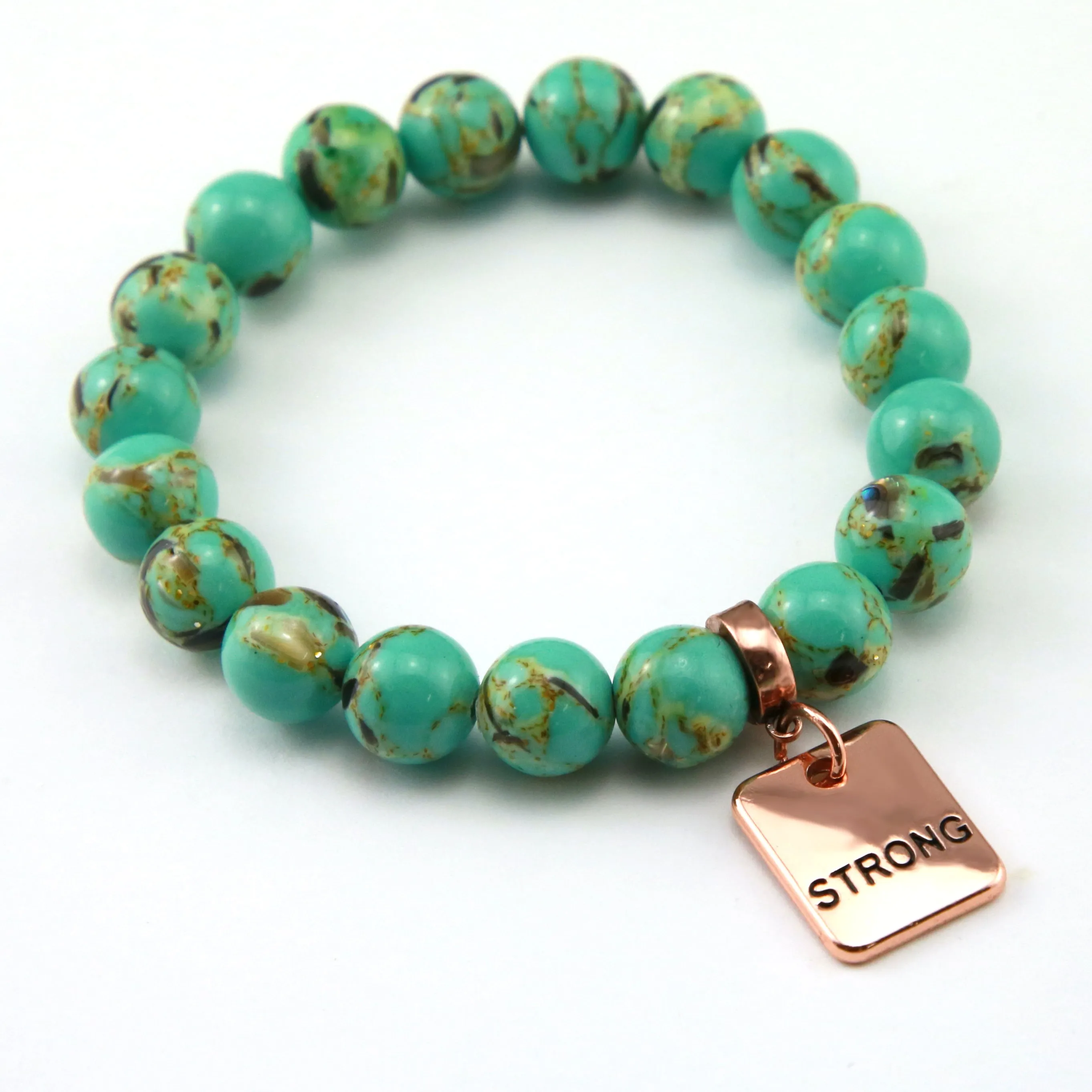 TEAL COLLECTION - Light Teal Synthesis 10mm Bead Bracelet  - Rose Gold Word Charms