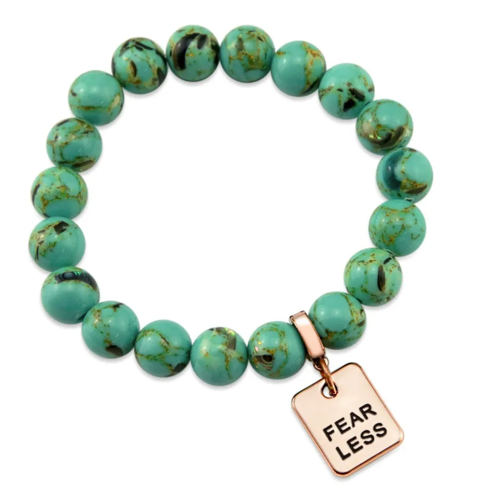 TEAL COLLECTION - Light Teal Synthesis 10mm Bead Bracelet  - Rose Gold Word Charms