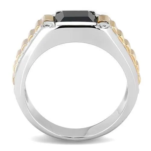 Two-Tone IP Rose Gold Stainless Steel Ring with Synthetic Onyx in Jet for Women Style TK3227