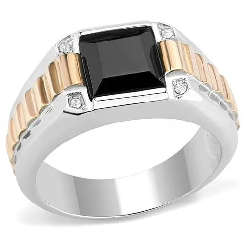 Two-Tone IP Rose Gold Stainless Steel Ring with Synthetic Onyx in Jet for Women Style TK3227