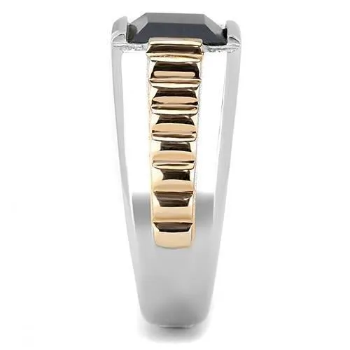 Two-Tone IP Rose Gold Stainless Steel Ring with Synthetic Onyx in Jet for Women Style TK3227