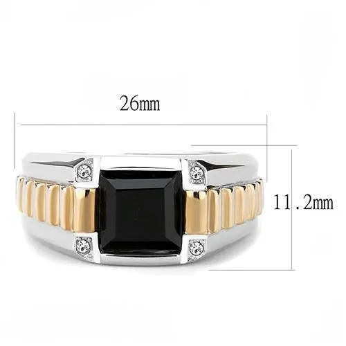 Two-Tone IP Rose Gold Stainless Steel Ring with Synthetic Onyx in Jet for Women Style TK3227