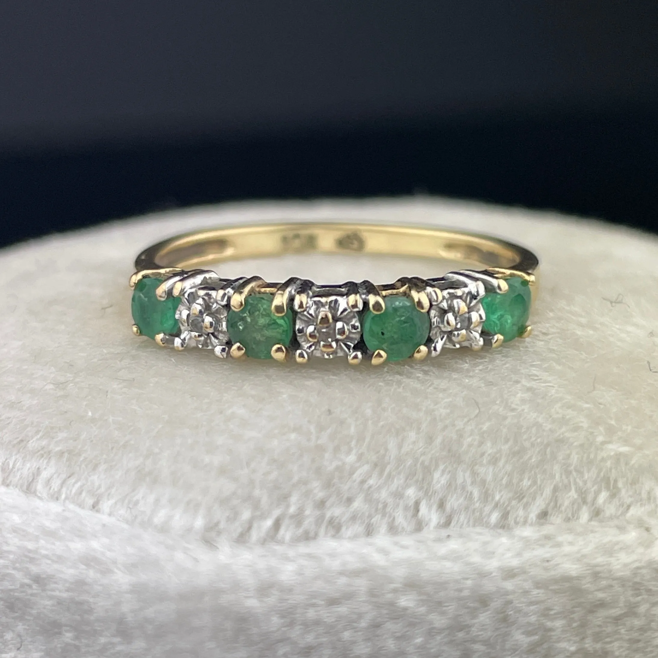 Vintage 10K Gold Diamond Emerald Half Eternity Band Ring, Sz 5 1/2