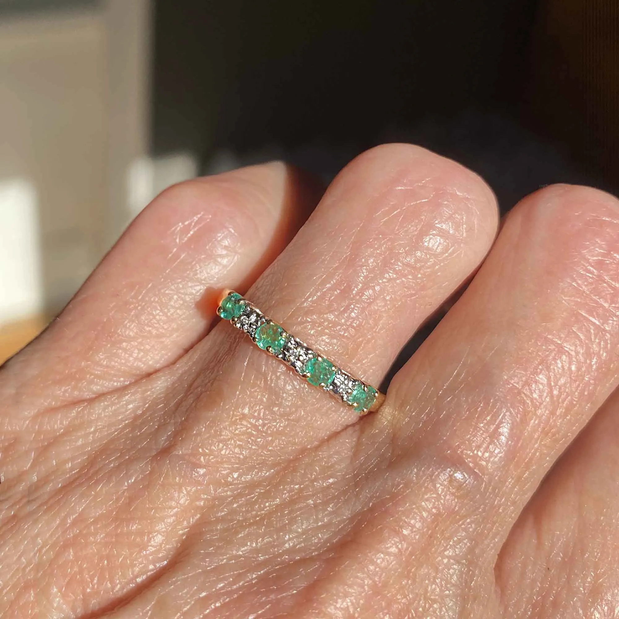 Vintage Emerald Diamond 12K Gold Band Ring Sz 7.75