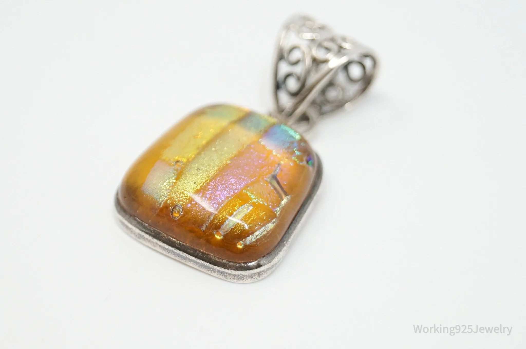 Vintage Large Dichroic Glass Square Sterling Silver Necklace Pendant