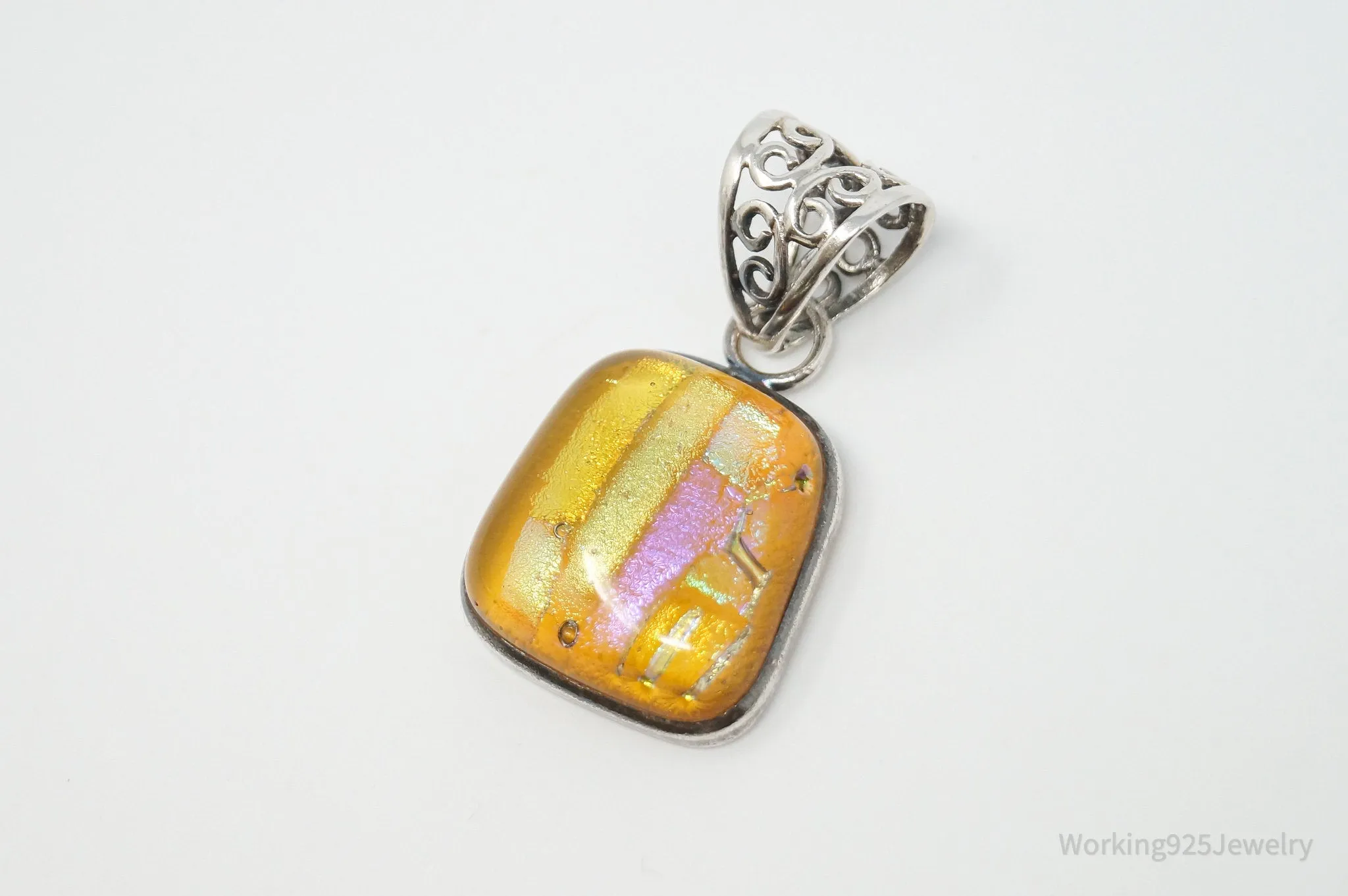 Vintage Large Dichroic Glass Square Sterling Silver Necklace Pendant