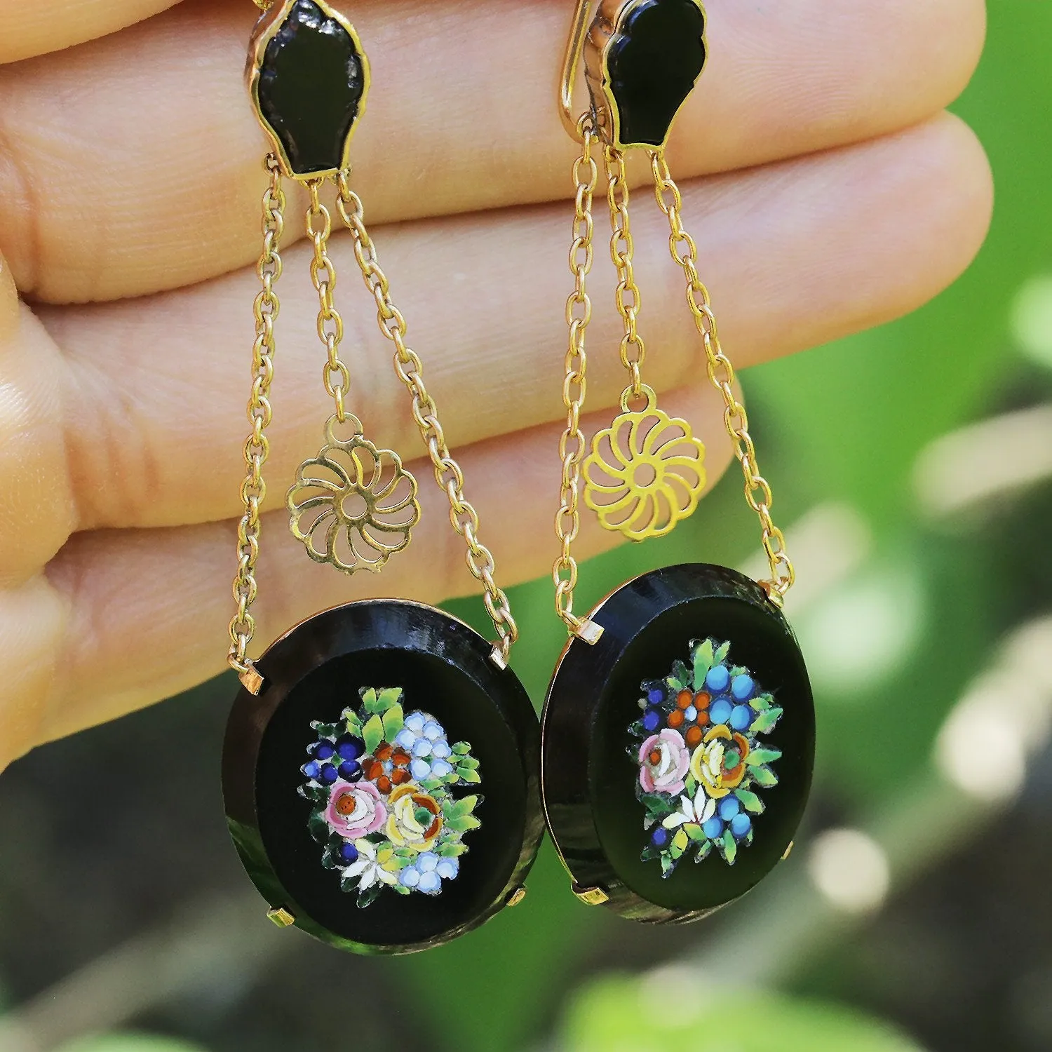 Vintage Micro Mosaic Drop Earrings in Black Onyx & 14K Yellow Gold