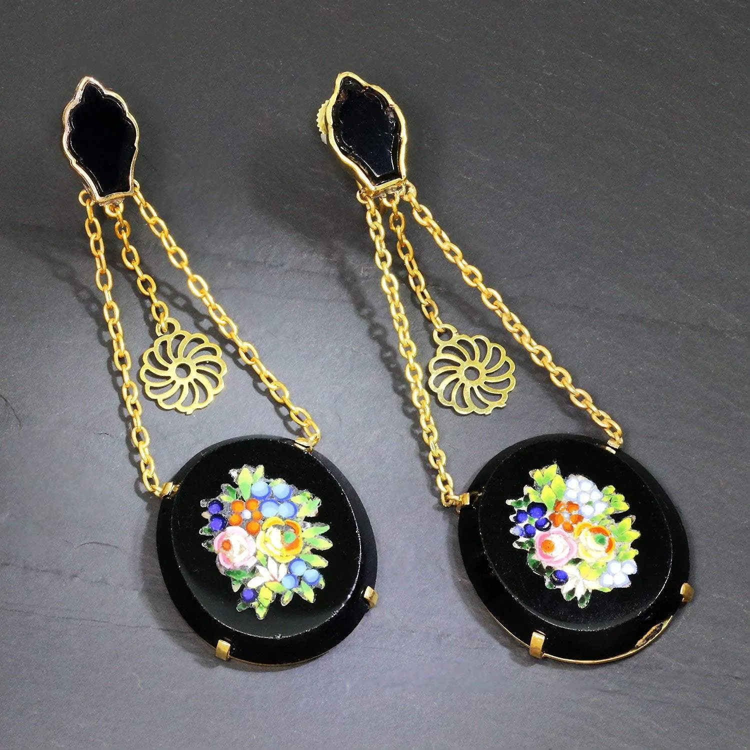 Vintage Micro Mosaic Drop Earrings in Black Onyx & 14K Yellow Gold