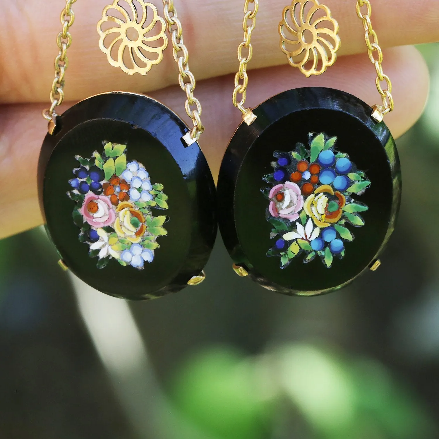 Vintage Micro Mosaic Drop Earrings in Black Onyx & 14K Yellow Gold