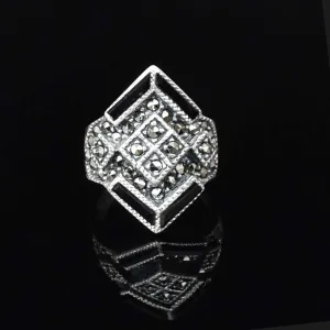 Vintage Silver Marcasite Onyx Statement Ring