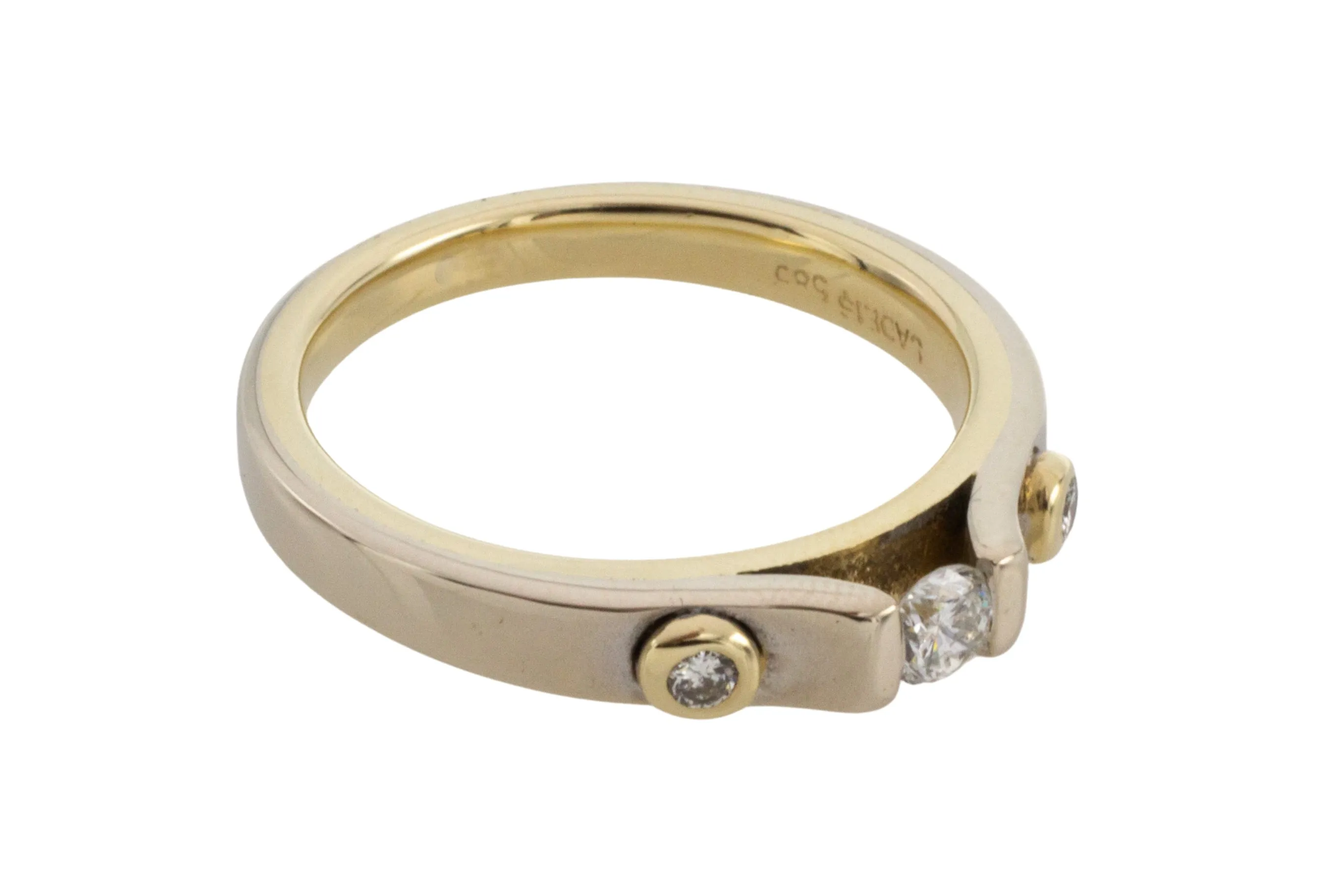 Yellow and white gold three stone diamond ring