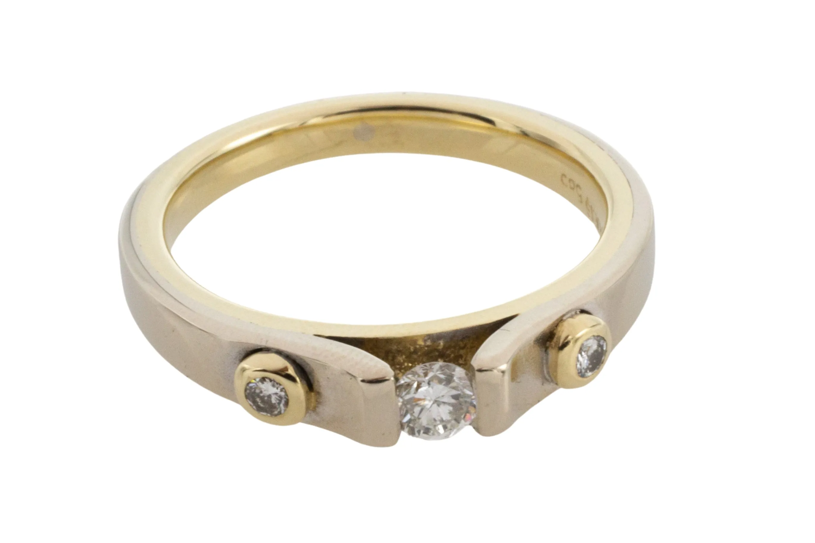 Yellow and white gold three stone diamond ring